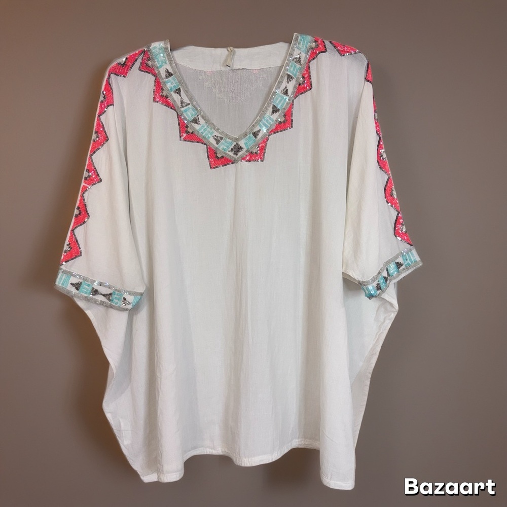 Touché Balneaire White Women’s Small Tunic Button Beaded Sequins Kaftan Top